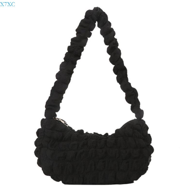X7XC Trendy Quilted Puffer Underarm Bag for Work and Casual Shopping Women Pleated Ruched Bubble Shoulder Bag Large Handbag чёрный