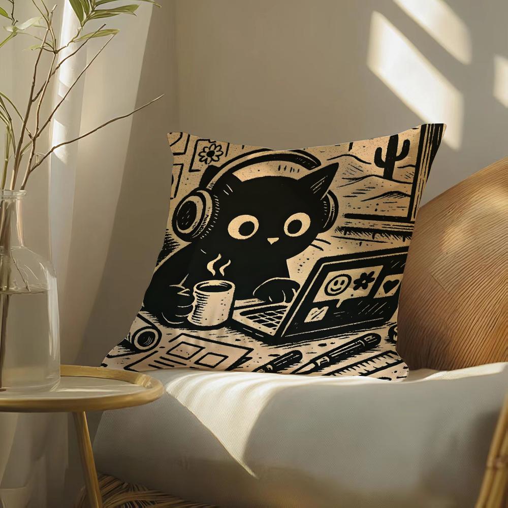 Funny Cat Thinking Network Pattern Pillow Case DoubleSided Plush Sofa Cushion Covers Organic Breathable Invisible Zipper