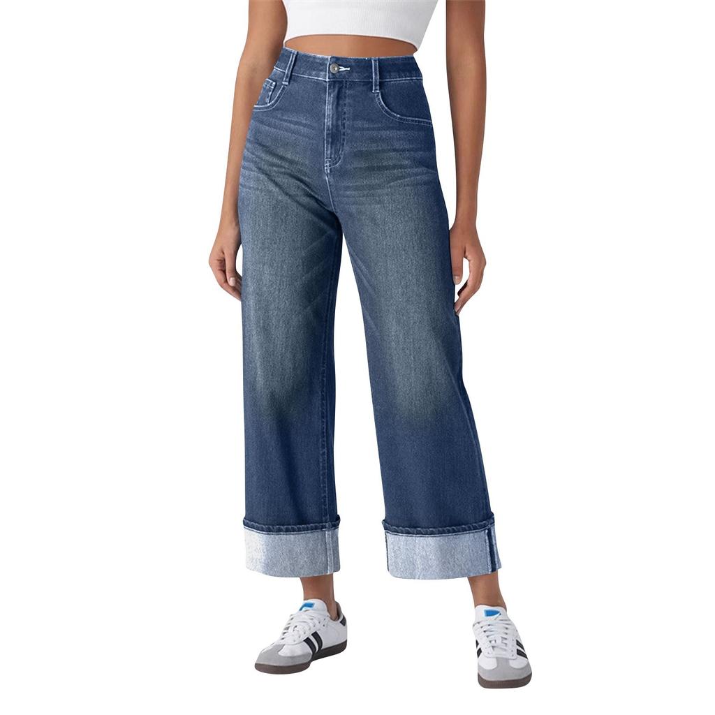 Jeans alla moda da donna a gamba dritta con tasche colorate e bordo arrotolato