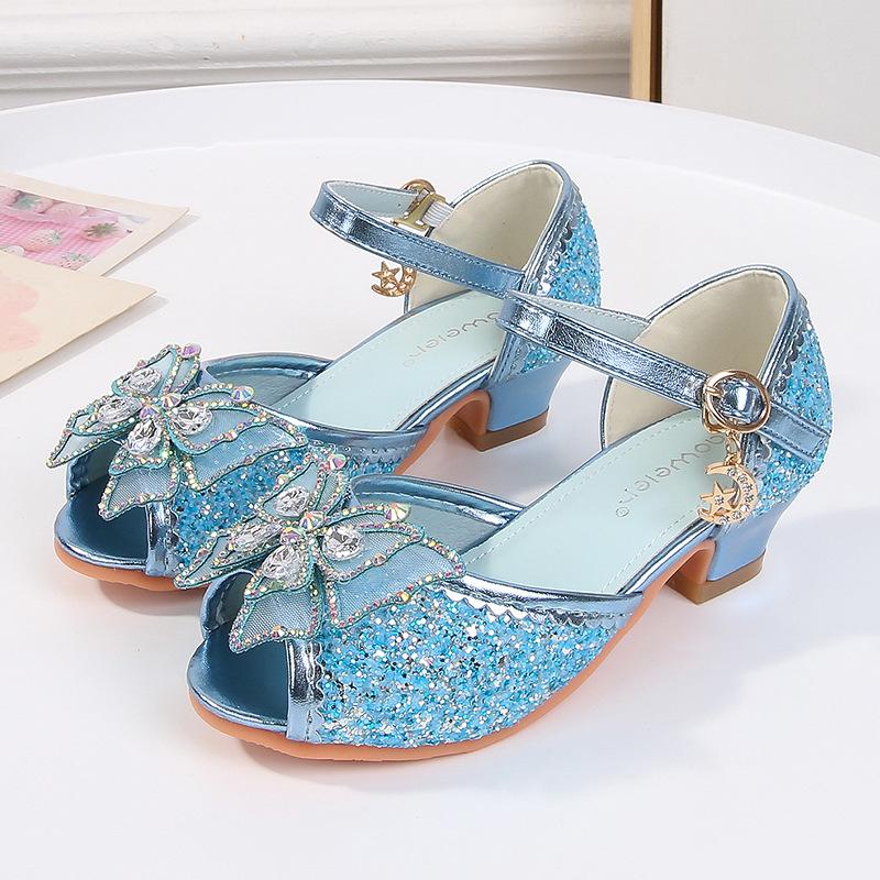Girls Sandals High Heels Summer Children's Rhinestones Shiny Bow Princess Shoes Little Girl Fish Mouth Aisha Classmate