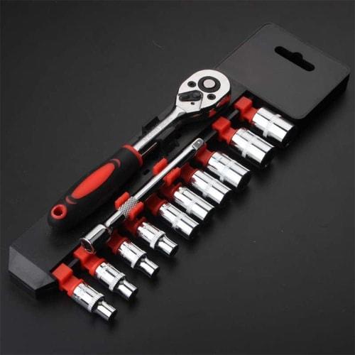 12-Piece Socket Wrench Set with Holder, 6.35mm (1/4") Drive, Ratchet Wrench Set with Hex Sockets, for Vehicle Maintenance and Repair, Automotive and M
