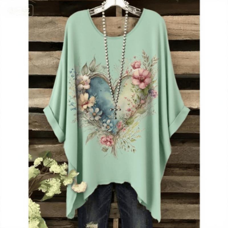 

Plus Size Bohemian Oversized Vintage Floral T-Shirt: Irregular Hem, Round Neck, Stylish & Versatile for All Seasons 5XL