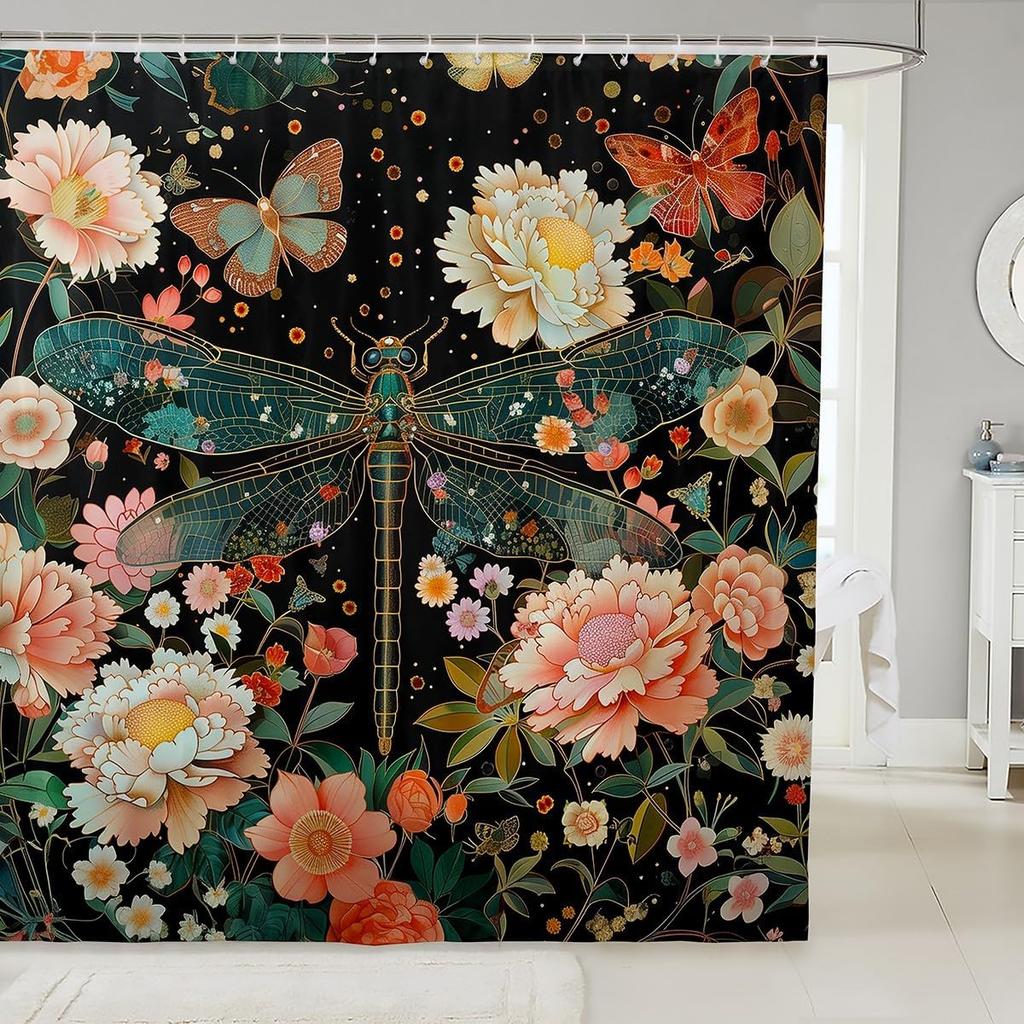 Japanese Style Bathroom Curtain Cherry BlossomShower Curtain for Girls Teen Women,Watercolor Mount Fuji Sakura Animal Aesthetics