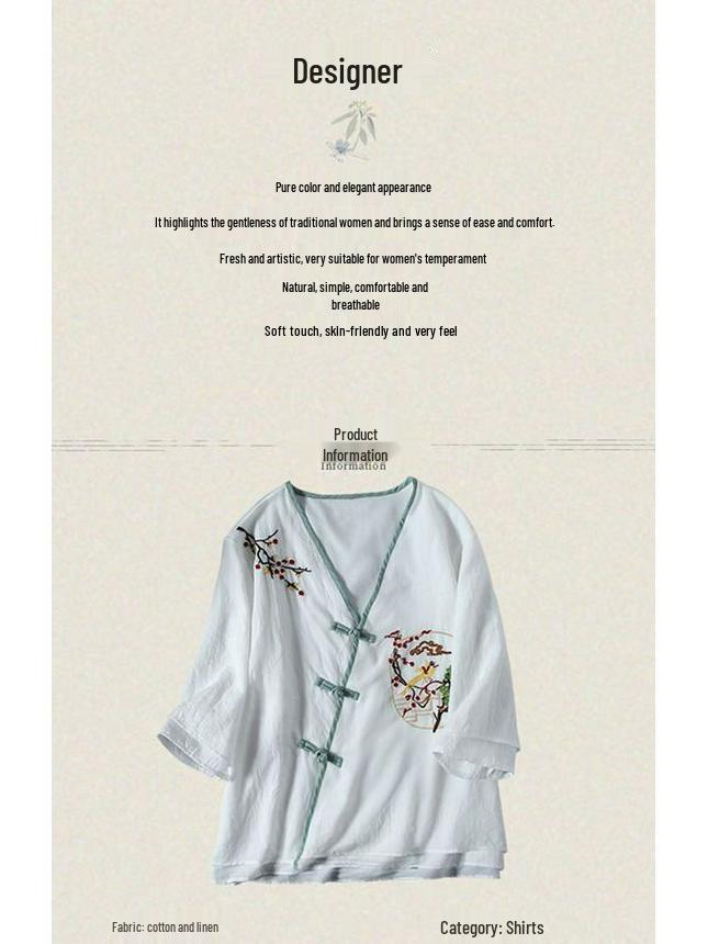 Women's Ethnic V-Neck Embroidered Cotton-Linen Cardigan Top and Mid-Sleeve Tea Dress