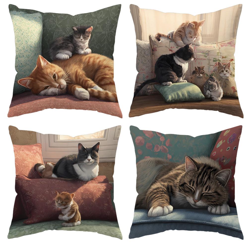 

4 Pillow Covers Cute Cat Theme Decorative Cushion Covers Featuring Charming Cats In Cozy Home Settings Perfect For Your Living 35x35cm 4pcs