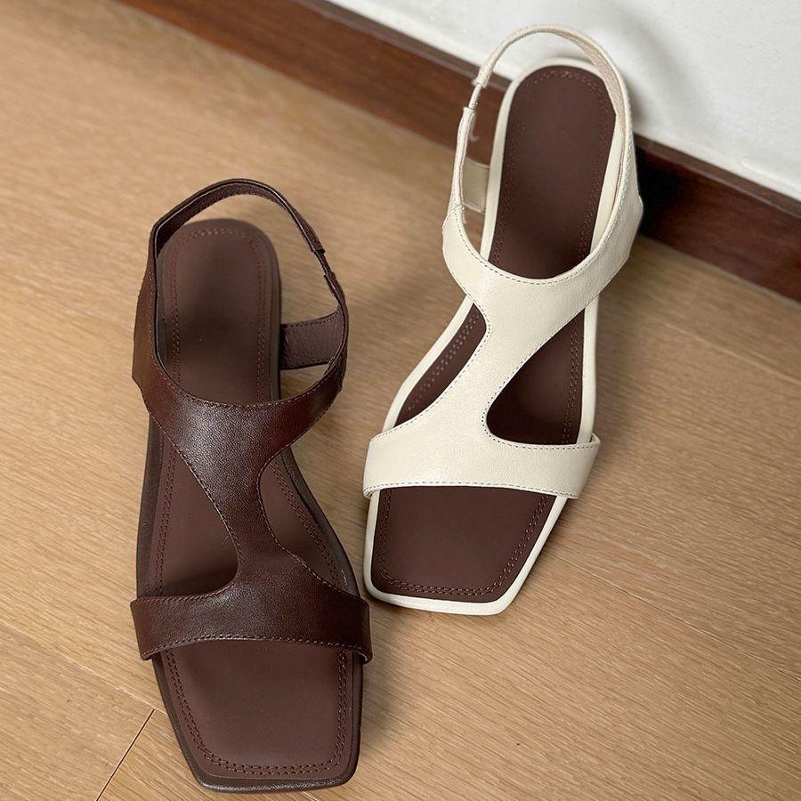 2025 Summer New Roman Style Simple Word with Sandals Women's Xia Ping Low Heel Open Toe Square Head Women's Shoes White