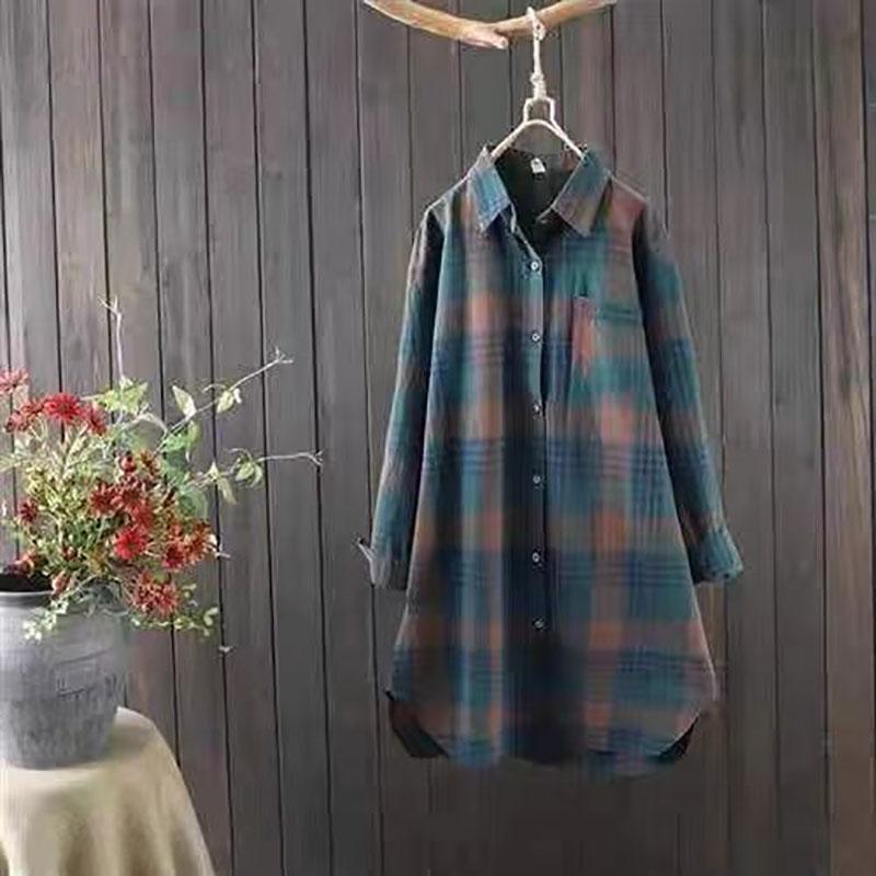 Damen Hemd mit Knöpfen Elegant Chic Damen Oberteil Kariert Vintage Leinen Langarm Chinesische Hemden Blusen Kleidung