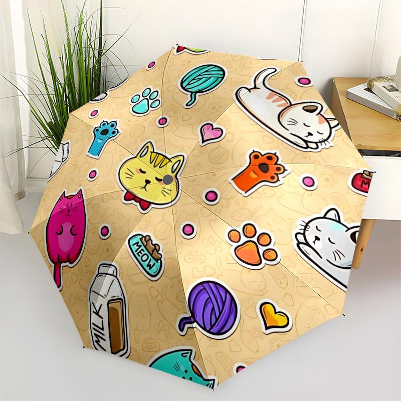 

1pc Cat Print Automatic Umbrella - Stylish, Durable, with 8-Rib Manual Open Design, Elegant Black Handleyy250920119