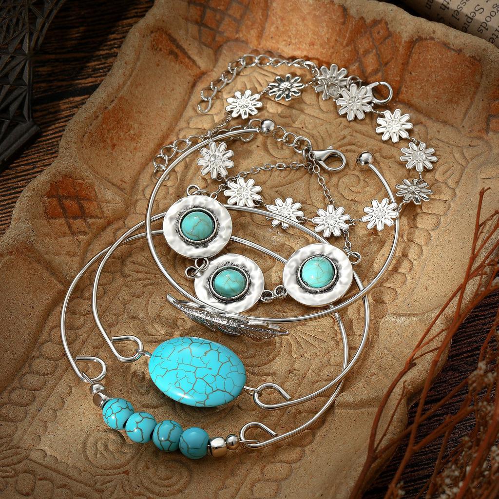 Combination Bracelet, Retro Ethnic Style Turquoise Feather Flower 5-Piece Set Bracelet Bracelet