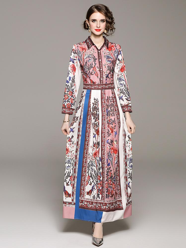 Primavera otoño Vintage marca diseñador estampado vestido de pasarela mujeres cuello de solapa largo Maxi vestidos de fiesta casuales