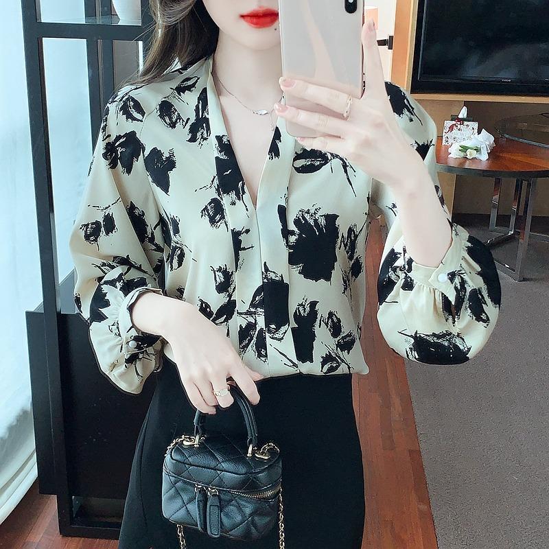 

Свободные женские рубашки с рукавами-фонариками в стиле ретро с чернильным принтом, топы, модная элегантная облегающая повседневная блузка с V-образным вырезом, женская простая весенняя офисная женская рубашка 26348 2XL абрикосовый