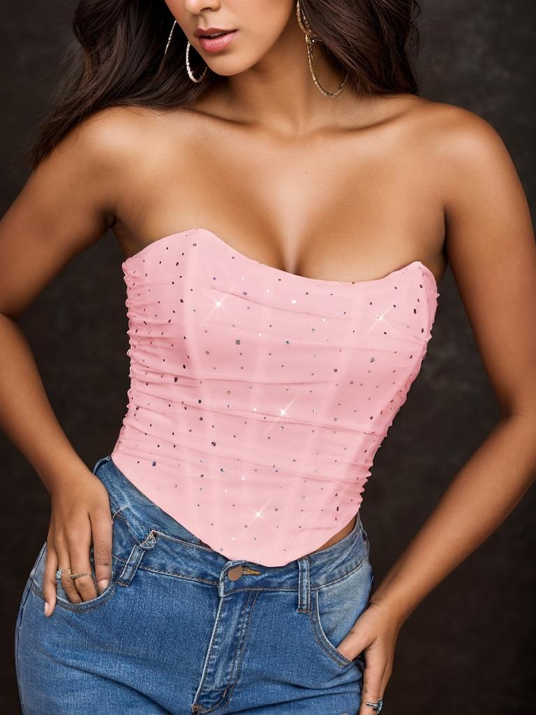 Rose Beauty A Rave Valentine's Day Elegant Sparkling Sequin Decor Fishbone Detail Grommet Lace Up Back Overbust Corset Shapewear Party Crop Tube Top