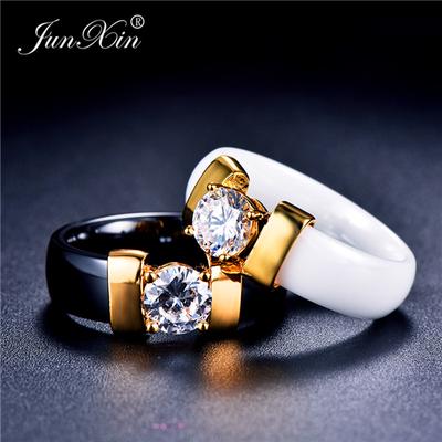 Luxury Black White Ceramic Ring Crystal Titanium Steel Jewelry Gifts For Couple