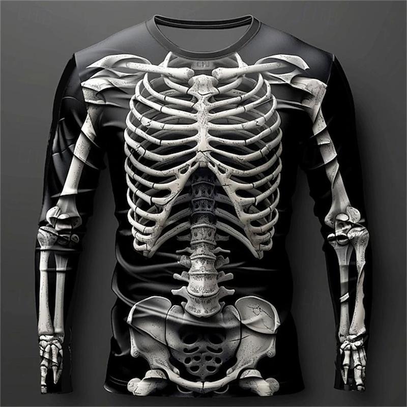 3D Flame Skull Pattern T-Shirt Men's Long-Sleeve Casual Fashion T-Shirt Top Sweatshirt Breathable Streetwear Oversized T-Shirt