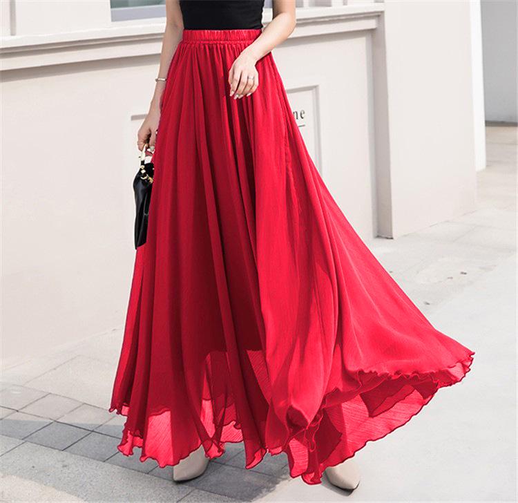 Women's European & American Chiffon High Waist Long Skirt - Solid Color, Spring/Summer Collection.