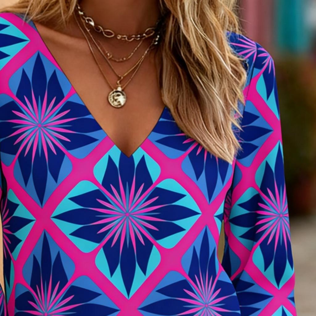 Printed lady's casual retro western style V-neck shirt, retro bohemian blouse, women's lantern sleeve design, Valentine's Day gift