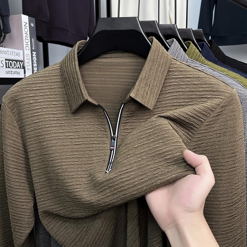 Ny Jacquard High-end Toppslag Enfärgad Mångsidig Casual Lös Halvdragkedja Herr T-shirt att dra över huvudet
