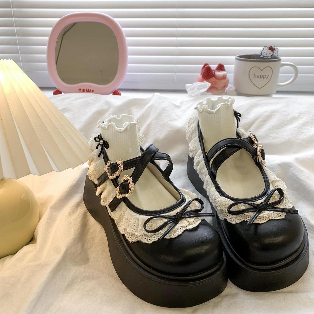 Plateau Mary Jane Schuhe für Damen 45cm Absatz Runde Zehenpartie Lolita Gothic Japanischer Koreanischer Stil PU-Leder Schwarz Braun