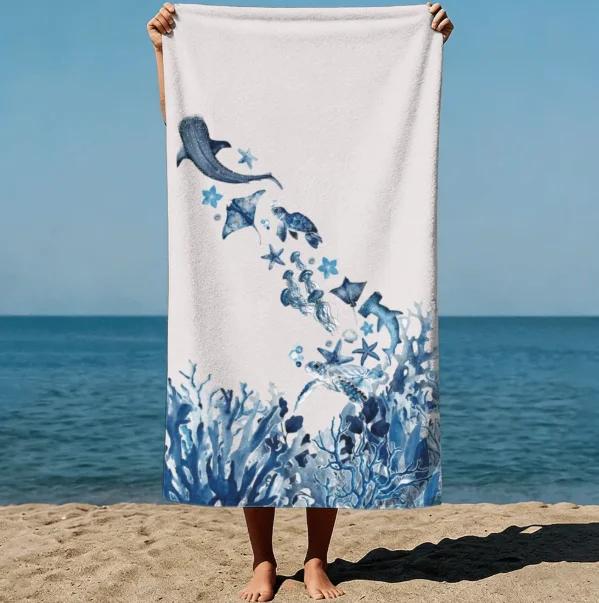 Walhai Meeresleben Aquarell Freihand Strandtuch Groß Schnelltrocknend Sandfestes Handtuch für Strand Pool Reisen Sommer Badetuch