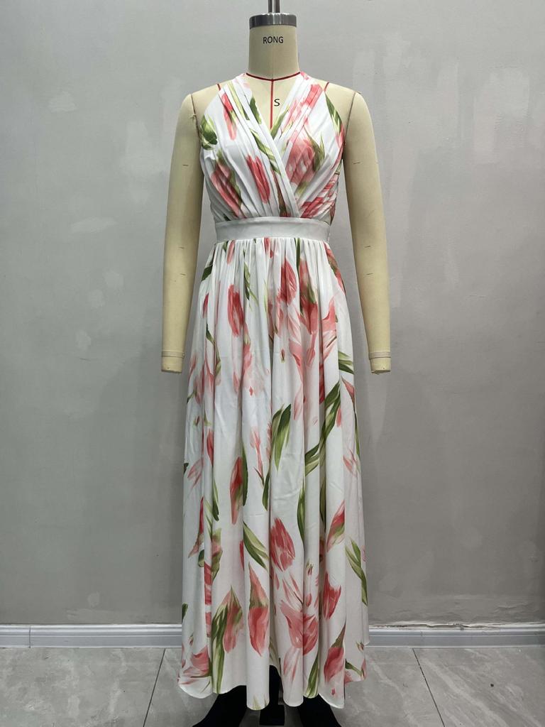 Frühling/Sommer Romantisches Resort-Stil V-Ausschnitt Rückenfreies A-Linien-Kleid - Damen Strandmode