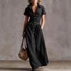 Damen Maxikleid mit kurzen Ärmeln, Knopfleiste und Kragen im Vintage Western Stil mit Brusttasche für Freizeitkleidung