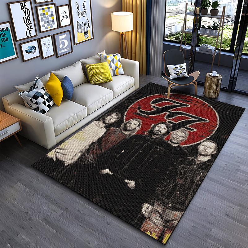 Rock Band Area Rug, Foo Fighters Band Members Red FF Logo Group Photo Mosaic Print, Rock Music Decor, Non-Slip Mat