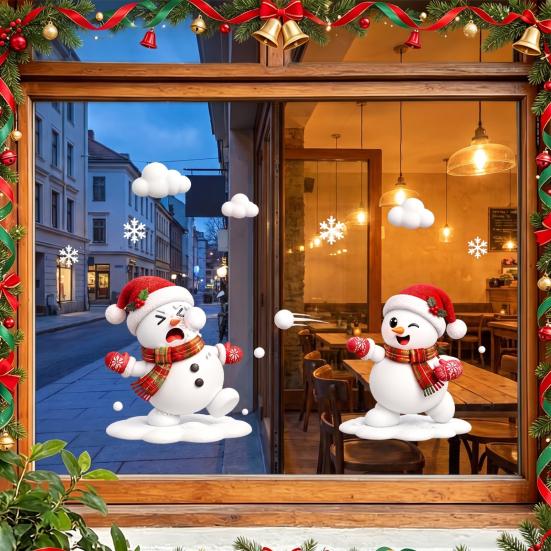 Storefront Glass Stickers Christmas Snowman/Santa Claus/Reindeer Window Clings, Reusable Static Stickers, Santa Claus Snowman Wall Decor PVC Removable