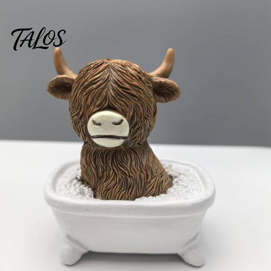 Decorative Cow Statue Highland Bathroom Figurine Funny Scottish Cattle Sitting on Toilet Resin Calf Bedroom Animal Ornament Bathing Sculpture for Home