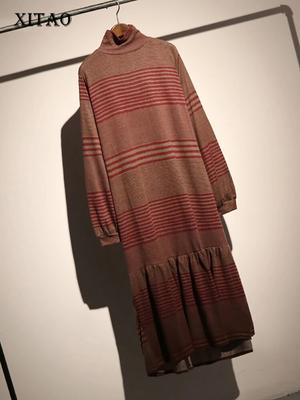 Pleated Knitted Dress Women Fashion Turtleneck Striped Casual Dress ZLL1516