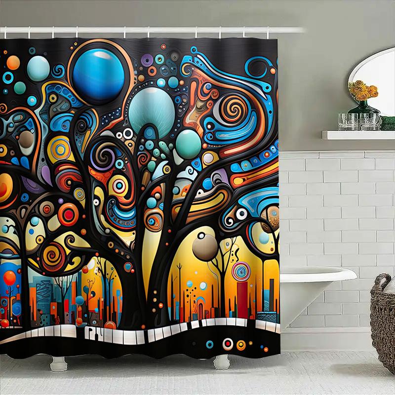 Artistic Shower Curtain Decor Abstract Tree Design With Vibrant Colors For Bathroom Decoration Printed Fabric Covering (White, 7