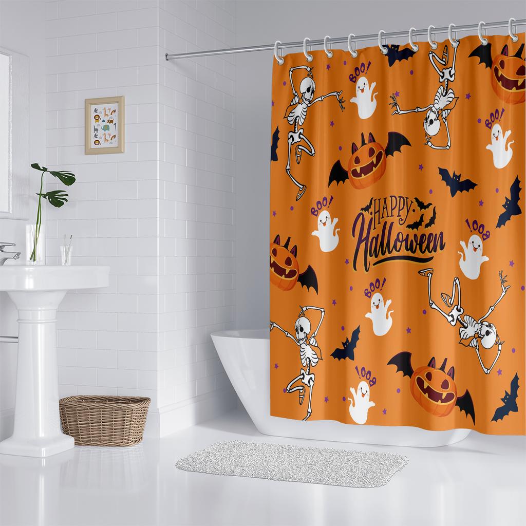 1 Piece Of 180X180Cm Halloween Orange Skull Printed Shower Curtain Partition, Bathroom Waterproof And Mildew Proof