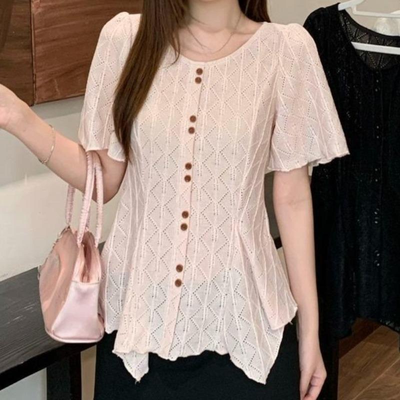 Irregular Women's Shirt Round Neck Hollow Design Single Breasted Solid Color Female Shirts Summer Casual Fashionable Ladies Thin Short Sleeved Top