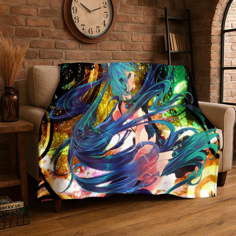 Music Girl M-MIKU Cartoon Flannel Blanket Soft Warm Throw Blanket for Bedroom Living Room Bed Travel Camping Picnic Gift
