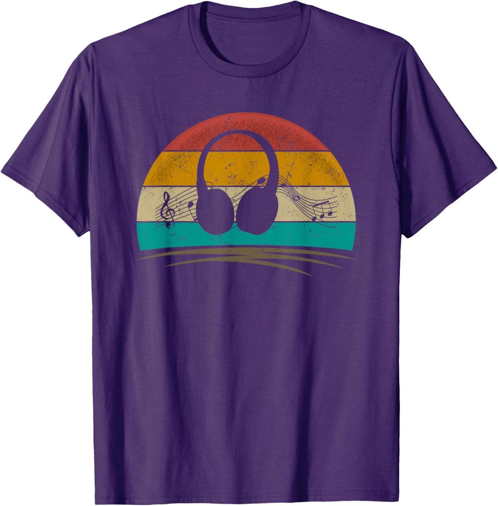 Headphones Music Retro Sunset Graphic T-Shirt Vintage Aesthetic Tee for Men Women