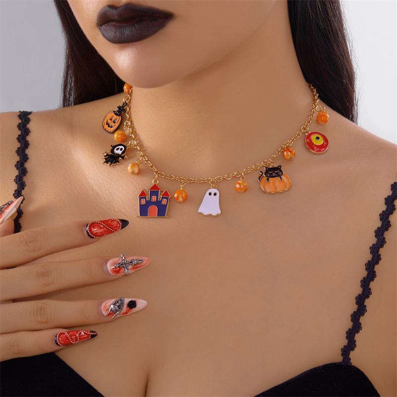 Gothic Punk Halloween Metal Chain Necklace For Women Men Vintage Black Spider Bat Pumpkin Ghost Clavicle Choker Festival Jewelry