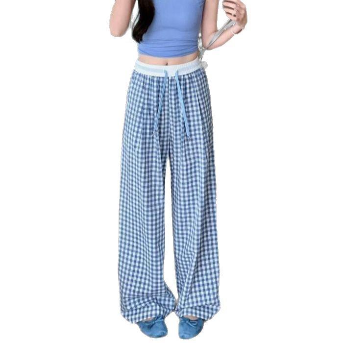 2025 Girls' Pink Plaid High-Waisted Loose Fit Yamamoto Pants: Retro Wide-Leg for Spring/Summer