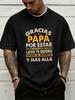 Charcoal Grey Male Short Sleeve Top Gracias Papa Spanish Slogan Vintage Print Loose Cotton Fathers Present Street Casual Outfit