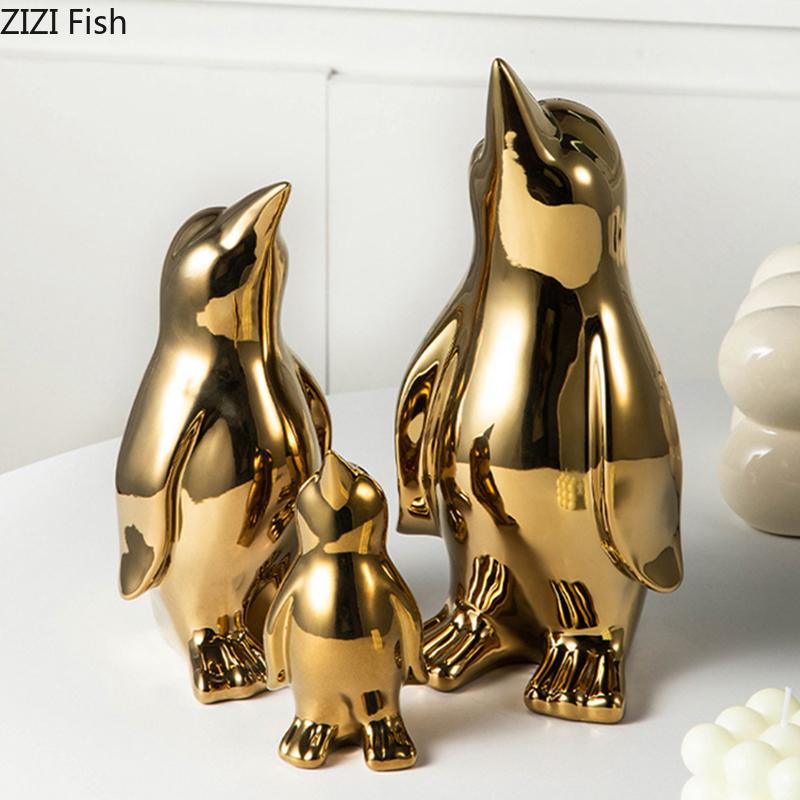 Creative Penguin Gold-plated Ceramic Statue Desk Decoration Penguin Sculpture Abstract Crafts Ornaments Room Aesthetics Decor