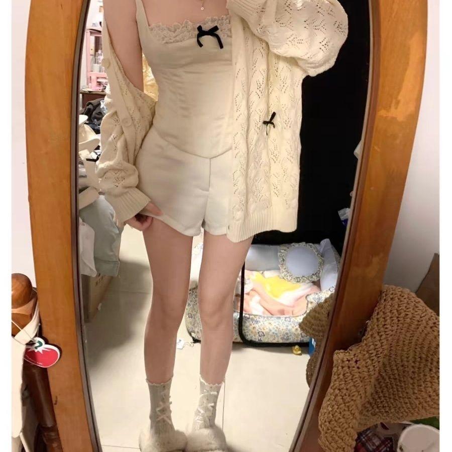 Sweet Bow Knitted Cardigan Women Kawaii Hollow Out Knitwear Japanese Fashion Vintage Preppy Style Casual Sweaters Loose