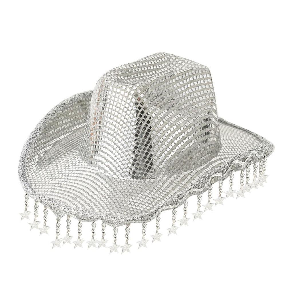Unisex Sequin Tassel Star Cowboy Jazz Hat with Wide Brim