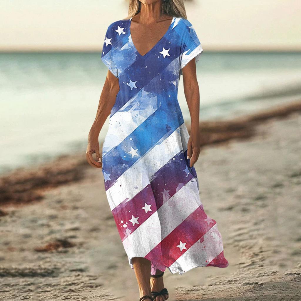 Sommerkleid Damen Lang Strandkleid Elegantes Kleid V-Ausschnitt Kurzarm Sommerkleid Leicht Luftig