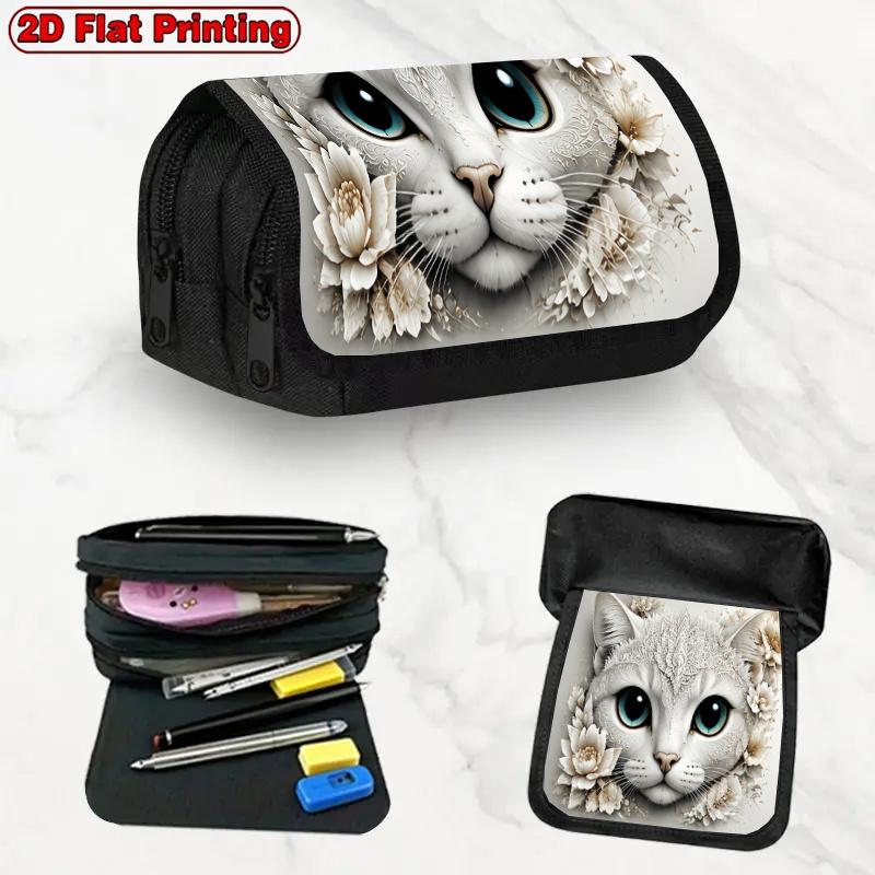 1pc Artistic White Cat Design Double-Layer Flip Pencil Case - 2D Printing, Large Capacity Zipper Closure, Suitable for Schools, Offices, And Travel, I