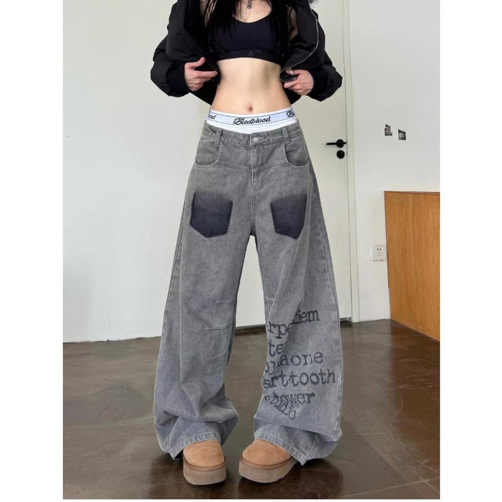 Vintage High Street Wide-Leg Jeans - Retro Washed, Letter Print, Loose Fit for Teens