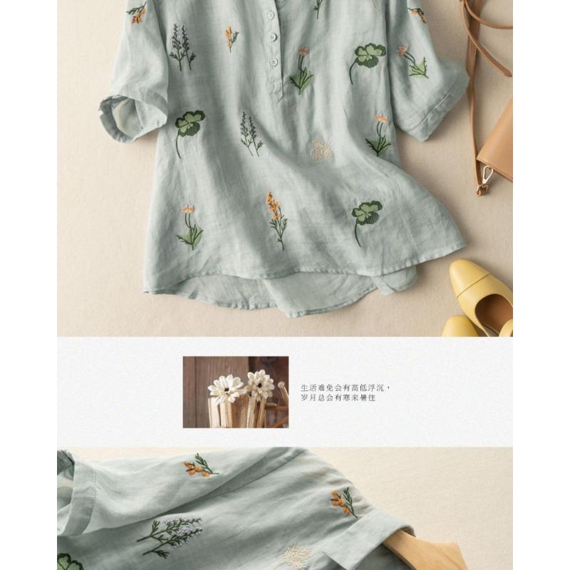 Short-sleeved Cotton and Linen Shirts for Women in Summer New Style Loose Literary Retro Printed Fashion Tops Casual