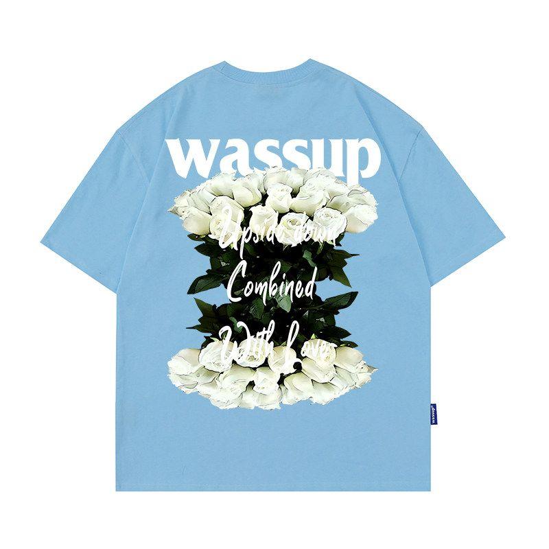 Wassup Rose Letter American Style Short-Sleeve T-Shirt for Men, Summer 24 New Heavyweight Street Couple T-Shirt Top