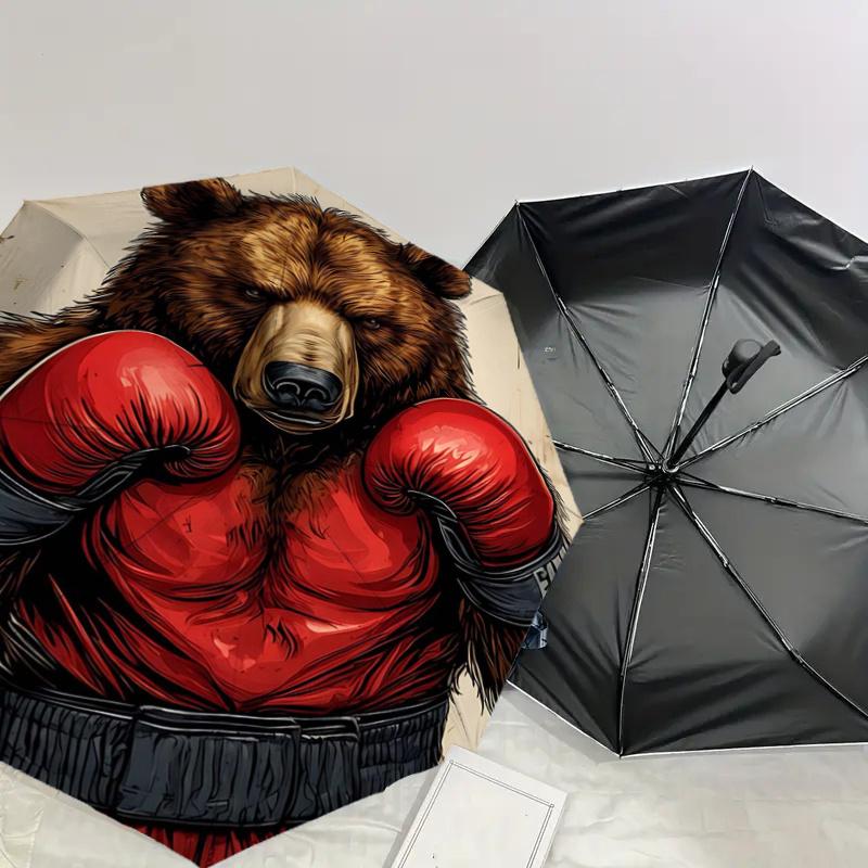 Boxing Bear with Boxing Gloves - Automatic Opening Umbrella, Portable Folding Design, 8-Rib Iron Frame Outdoor Umbrella, Ideal Gift for Fans