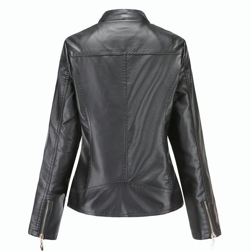 Women Faux Leather Biker Jacket Ladies Stand Collar Zip Coat Outwear