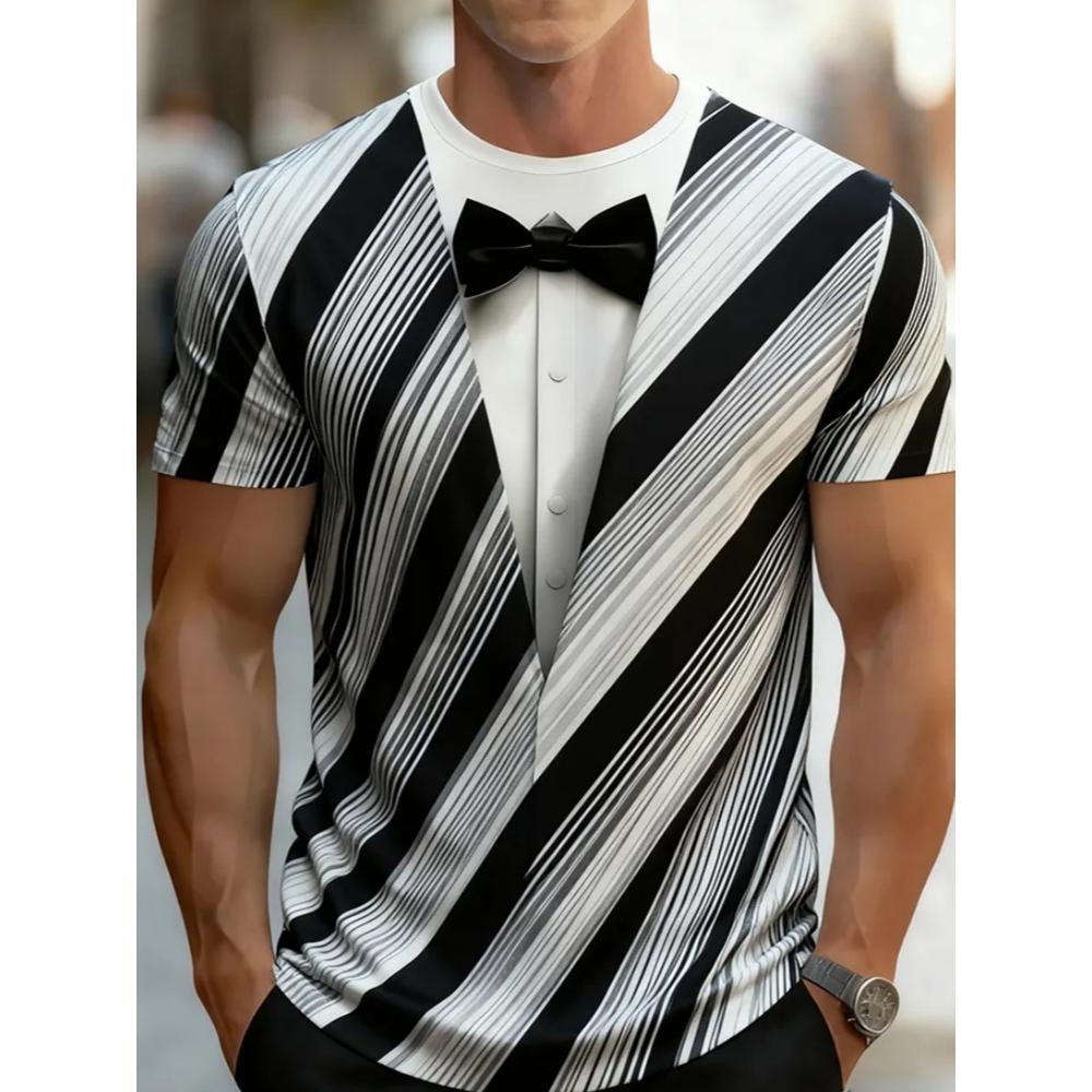 Летняя мужская футболка Галстук Поддельный костюм Креативная забавная 3D-печать Короткий рукав Модная удобная мягкая дышащая Большая свободная футболка S