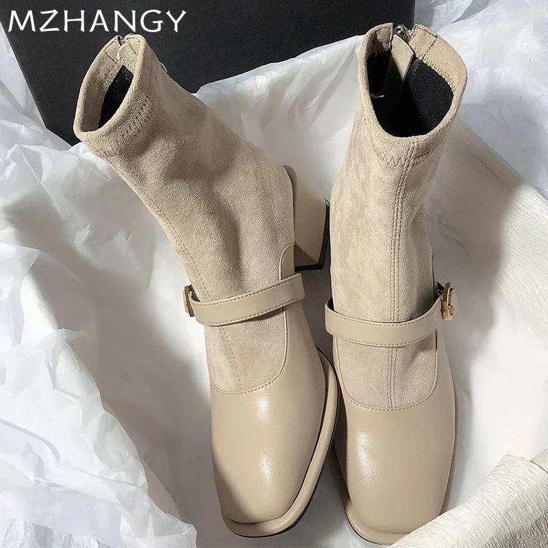 Suede Women Chunky Ankle Boots Mid Heels Fashion Leather Shoes Woman 2025 Trend Goth Chelsea Boots Pumps New Muejr Snow Botas