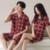 Pajamas Couple Summer Lycra Cotton Thin Short-sleeved Fashion Plaid Red Wedding Loungewear Set Pure Cotton